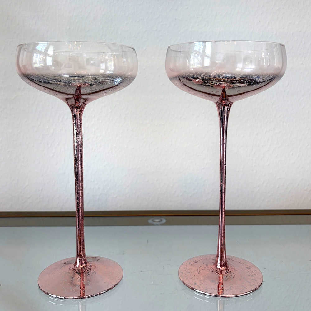 2pc Pink Mercury Long Stem Coupe Glasses 9.5in Chic Metallic Barware New